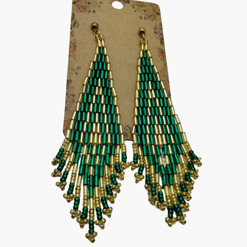 Vintage Beaded Teardrop Earrings Gold Green Pierced Post Long Fringe 17$